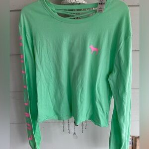 Victoria's Secret PINK Mint Green Long Sleeve Top with Pink Dog Logo on sleeves